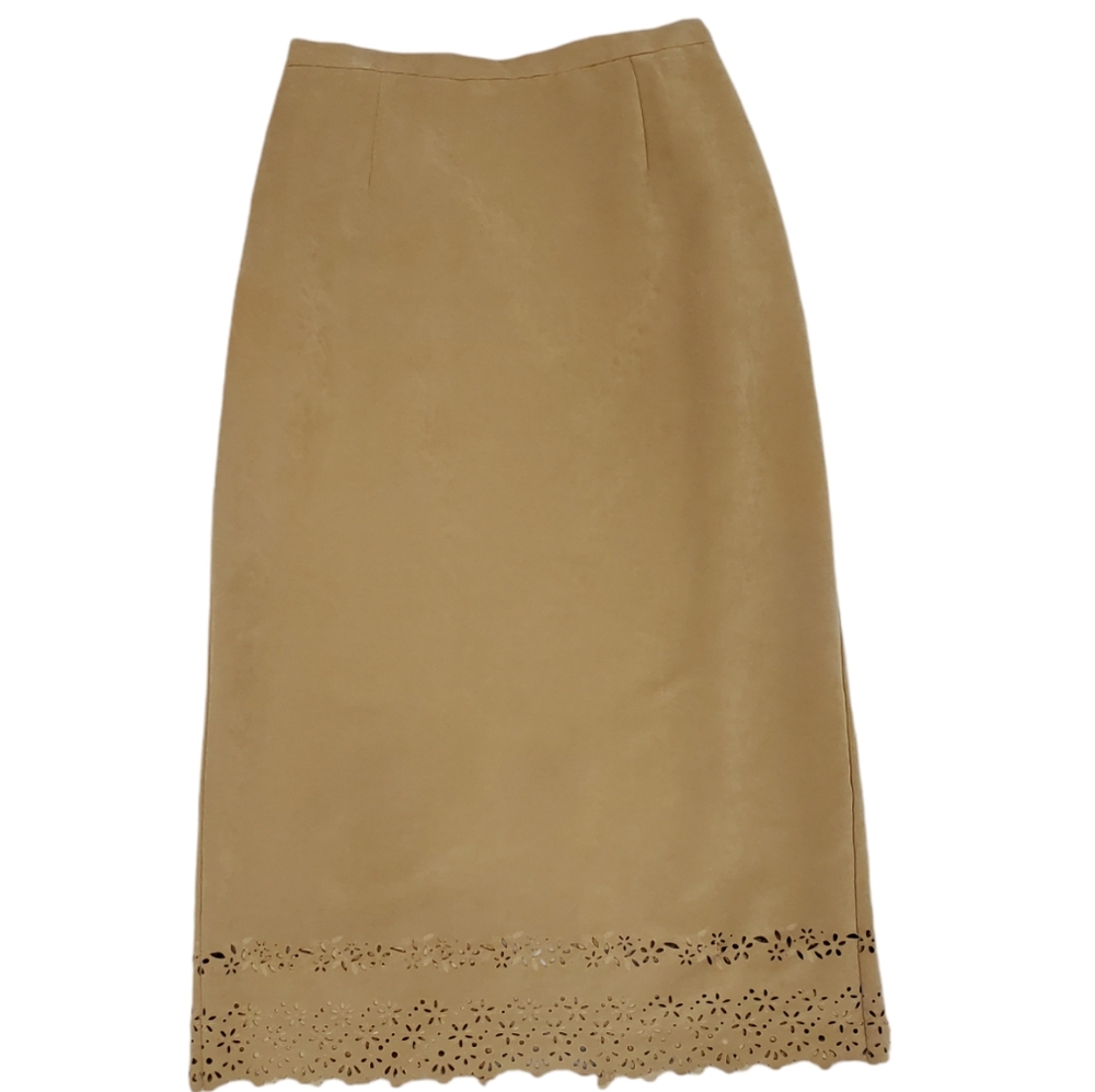 Vintage Faux suede midi skirt women's 12 petite camel tan floral bottom cutouts